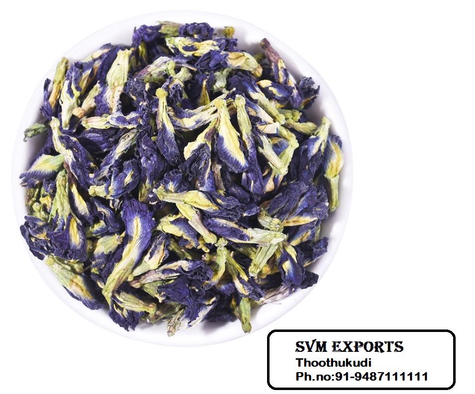 Product image -   SVM EXPORTS Blue pee flower (Clitoria Ternatea) Native to South-east Asia where the warm climate flavours its growth, the bright blue petals from the flowers of the butterfly pea plant have traditionally been used as an ingredient in herbal teas as well as in cooking.
 	 Its beautiful blue colour when steeped in warm or hot water, making it a natural dye for various dishes and drinks.
 	The petals have practically 